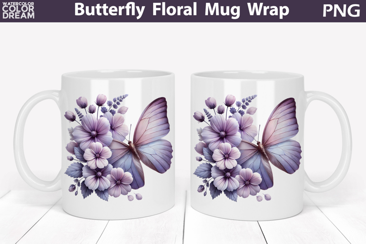 Butterfly Floral Mug Wrap | Spring Flowers Mug Sublimation