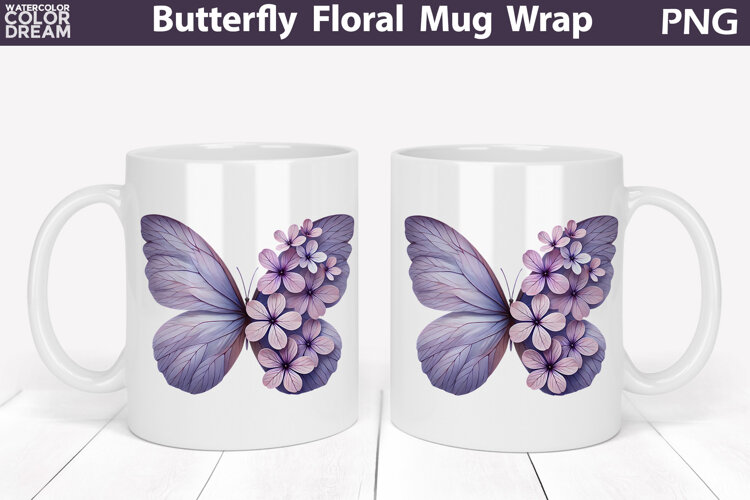 Butterfly Floral Mug Wrap | Spring Flowers Mug Sublimation example image 1
