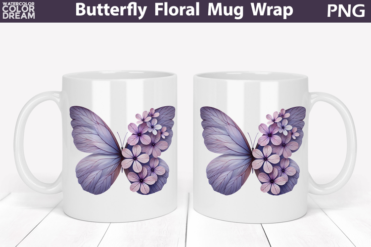 Butterfly Floral Mug Wrap | Spring Flowers Mug Sublimation