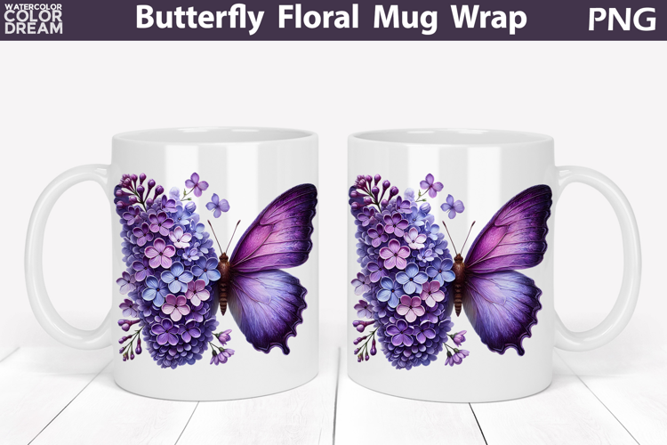 Butterfly Floral Mug Wrap | Spring Flowers Mug Sublimation