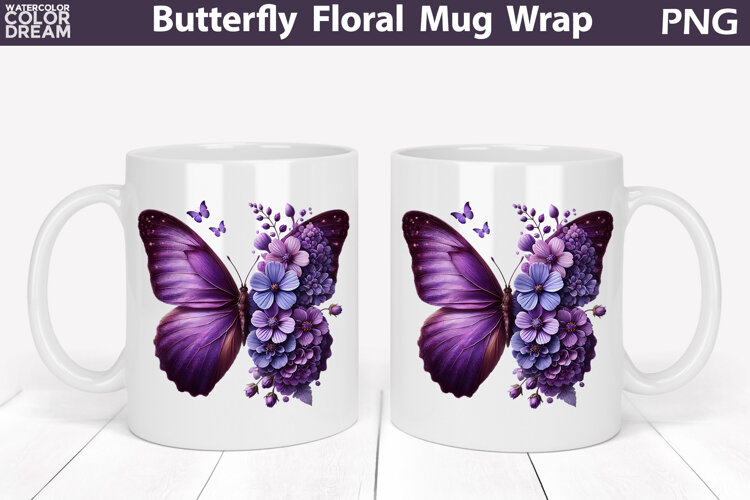 Butterfly Floral Mug Wrap | Spring Flowers Mug Sublimation example image 1
