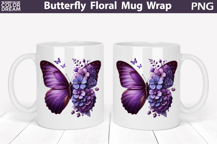 Butterfly Floral Mug Wrap | Spring Flowers Mug Sublimation