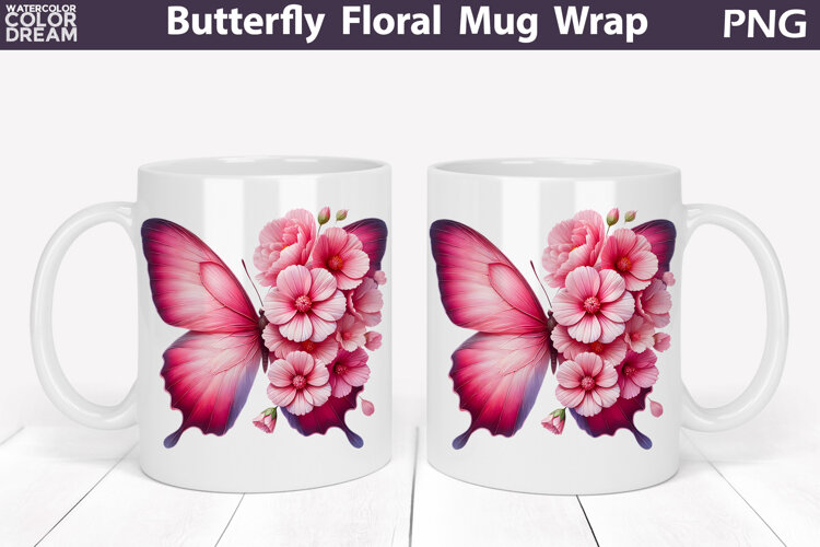 Butterfly Floral Mug Wrap | Spring Flowers Mug Sublimation example image 1