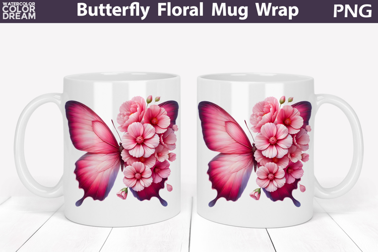 Butterfly Floral Mug Wrap | Spring Flowers Mug Sublimation