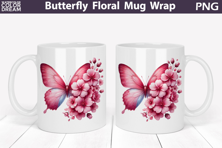 Butterfly Floral Mug Wrap | Spring Flowers Mug Sublimation