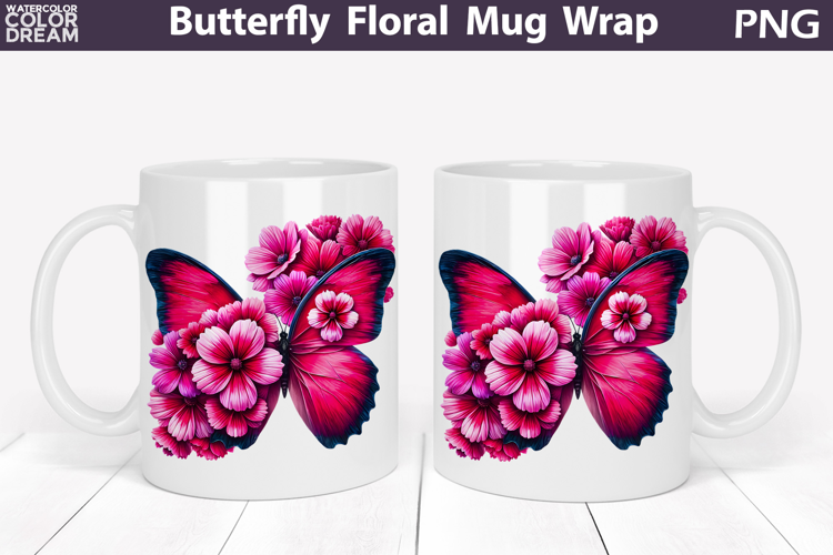 Butterfly Floral Mug Wrap | Spring Flowers Mug Sublimation