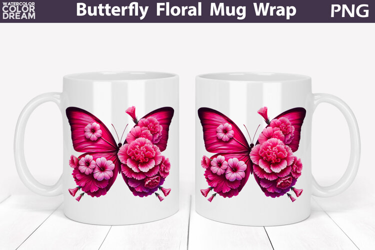Butterfly Floral Mug Wrap | Spring Flowers Mug Sublimation example image 1