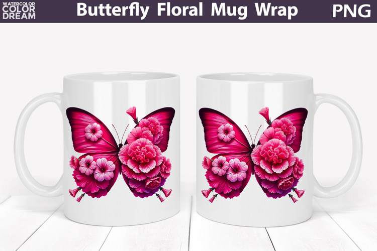 Butterfly Floral Mug Wrap | Spring Flowers Mug Sublimation