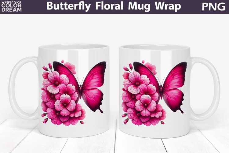 Butterfly Floral Mug Wrap | Spring Flowers Mug Sublimation