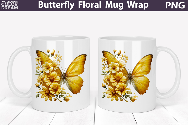 Butterfly Floral Mug Wrap | Spring Flowers Mug Sublimation