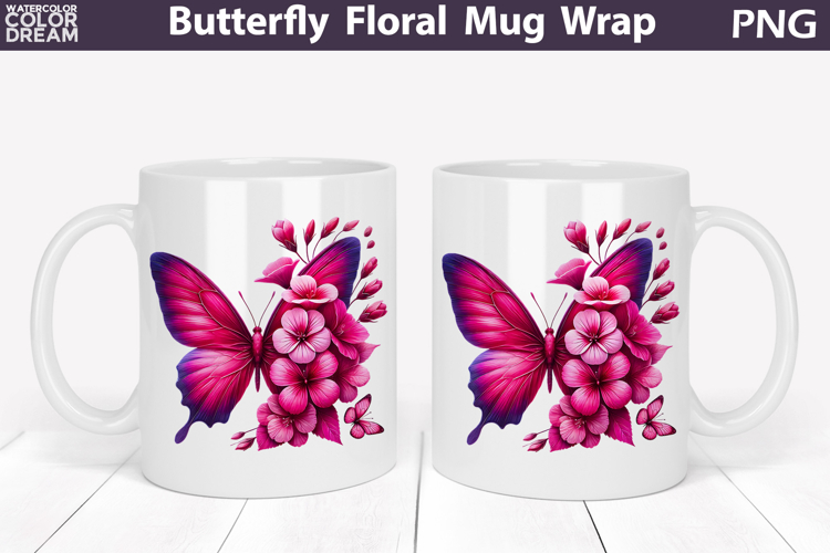 Butterfly Floral Mug Wrap | Spring Flowers Mug Sublimation