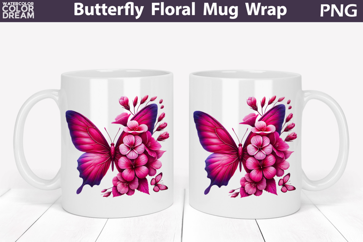 Butterfly Floral Mug Wrap | Spring Flowers Mug Sublimation