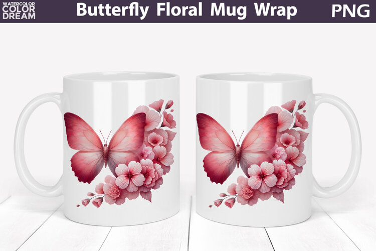 Butterfly Floral Mug Wrap | Spring Flowers Mug Sublimation example image 1
