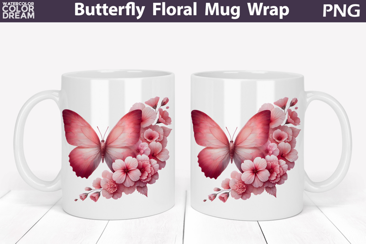 Butterfly Floral Mug Wrap | Spring Flowers Mug Sublimation