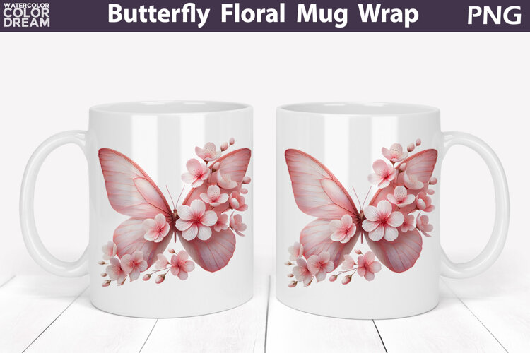 Butterfly Floral Mug Wrap | Spring Flowers Mug Sublimation example image 1