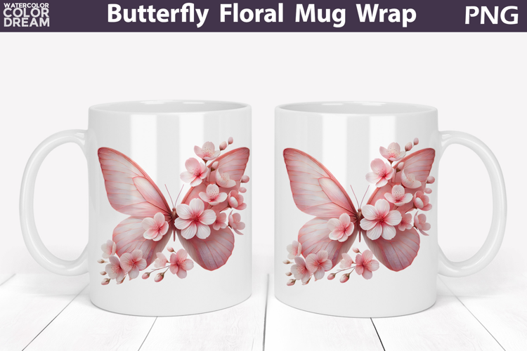 Butterfly Floral Mug Wrap | Spring Flowers Mug Sublimation