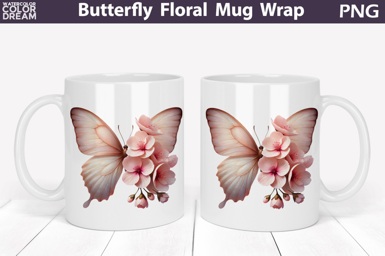 Butterfly Floral Mug Wrap | Spring Flowers Mug Sublimation