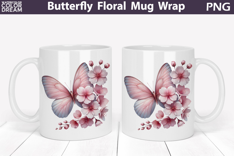 Butterfly Floral Mug Wrap | Spring Flowers Mug Sublimation