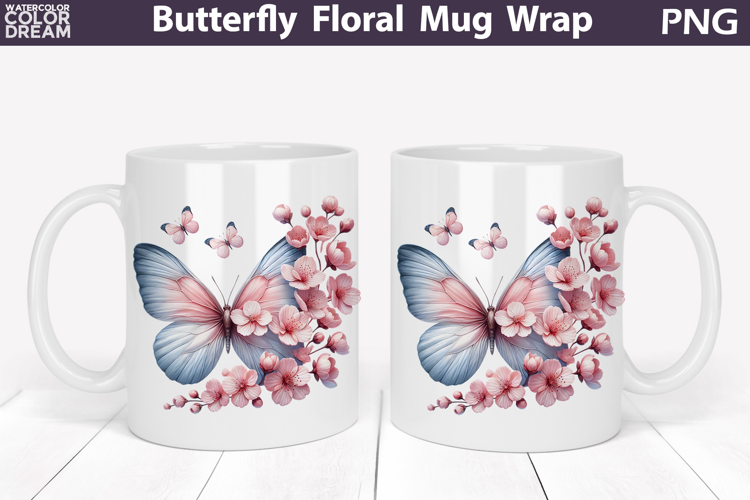 Butterfly Floral Mug Wrap | Spring Flowers Mug Sublimation