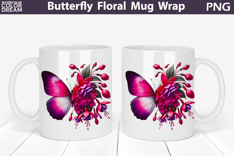 Butterfly Floral Mug Wrap | Spring Flowers Mug Sublimation