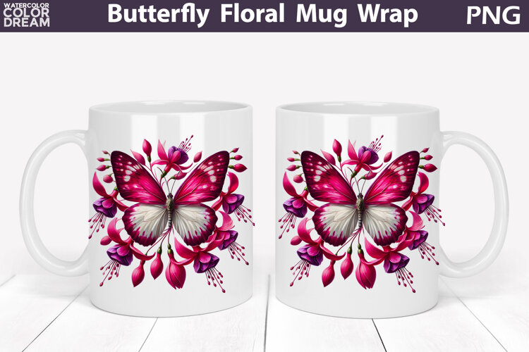 Butterfly Floral Mug Wrap | Spring Flowers Mug Sublimation example image 1