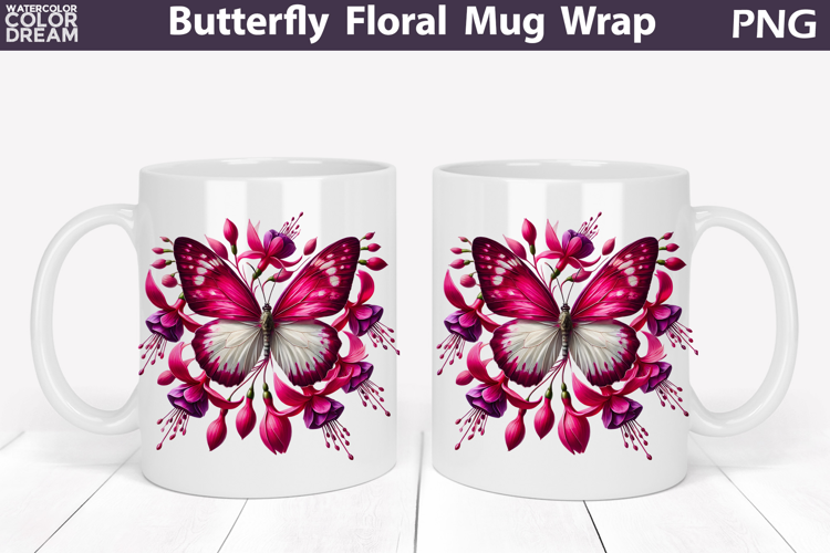 Butterfly Floral Mug Wrap | Spring Flowers Mug Sublimation