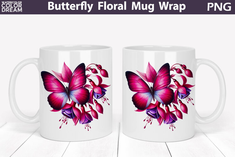 Butterfly Floral Mug Wrap | Spring Flowers Mug Sublimation example image 1