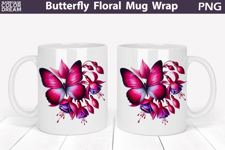 Butterfly Floral Mug Wrap | Spring Flowers Mug Sublimation