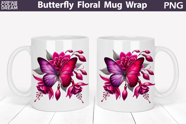 Butterfly Floral Mug Wrap | Spring Flowers Mug Sublimation