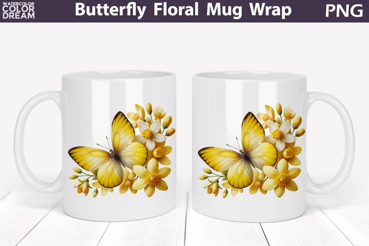 Butterfly Floral Mug Wrap | Spring Flowers Mug Sublimation