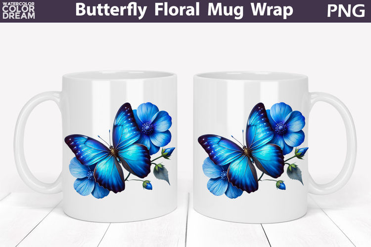 Butterfly Floral Mug Wrap | Spring Flowers Mug Sublimation
