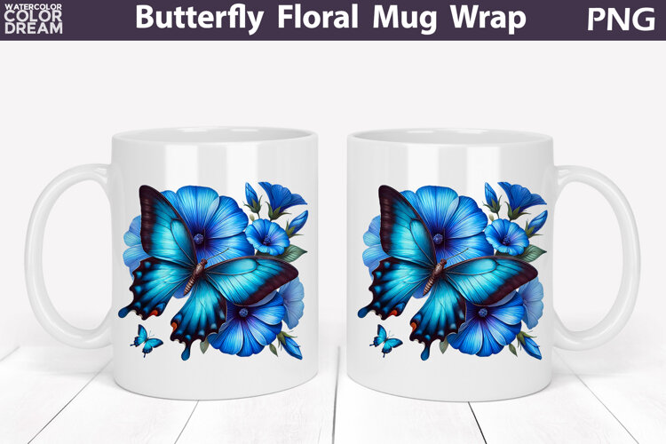Butterfly Floral Mug Wrap | Spring Flowers Mug Sublimation example image 1