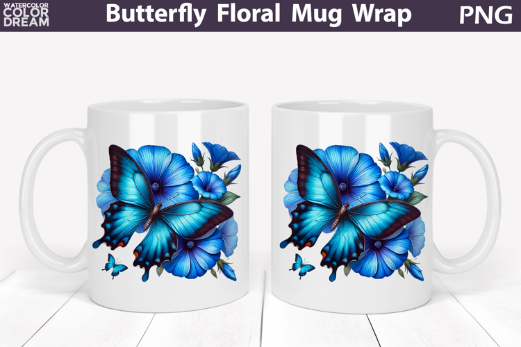 Butterfly Floral Mug Wrap | Spring Flowers Mug Sublimation