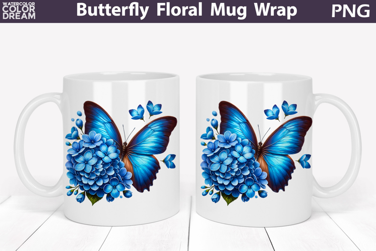 Butterfly Floral Mug Wrap | Spring Flowers Mug Sublimation