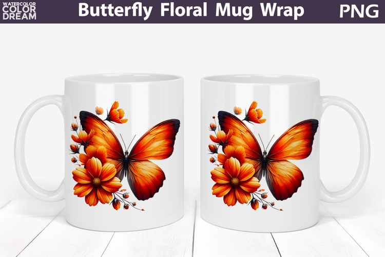 Butterfly Floral Mug Wrap | Spring Flowers Mug Sublimation
