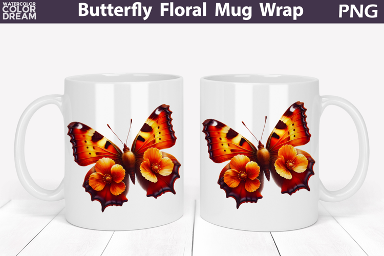 Butterfly Floral Mug Wrap | Spring Flowers Mug Sublimation
