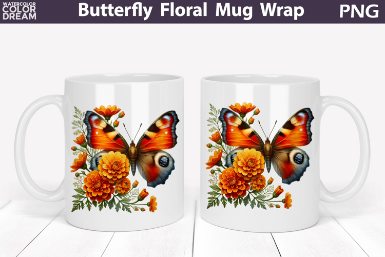 Butterfly Floral Mug Wrap | Spring Flowers Mug Sublimation