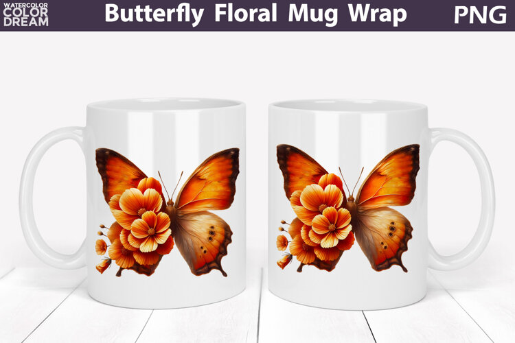 Butterfly Floral Mug Wrap | Spring Flowers Mug Sublimation example image 1