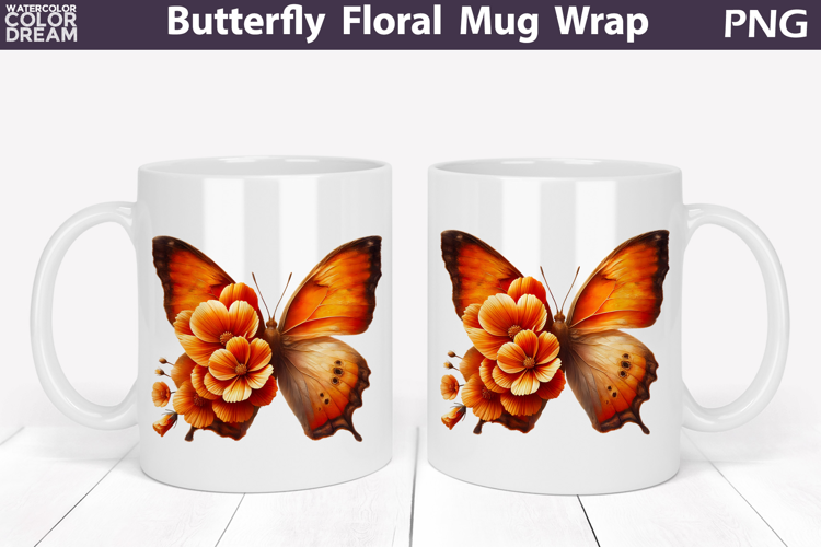 Butterfly Floral Mug Wrap | Spring Flowers Mug Sublimation