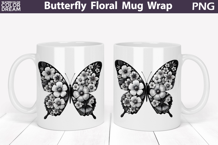 Butterfly Floral Mug Wrap | Spring Flowers Mug Sublimation