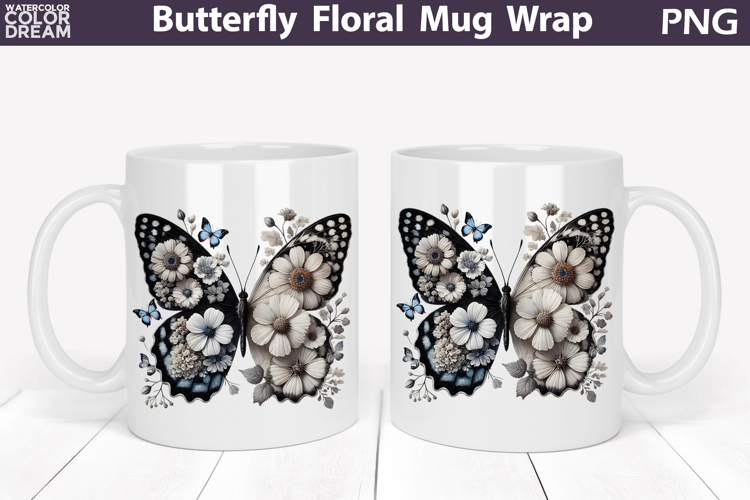 Butterfly Floral Mug Wrap | Spring Flowers Mug Sublimation