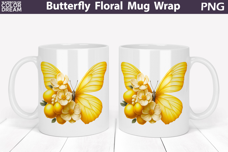Butterfly Floral Mug Wrap | Spring Flowers Mug Sublimation