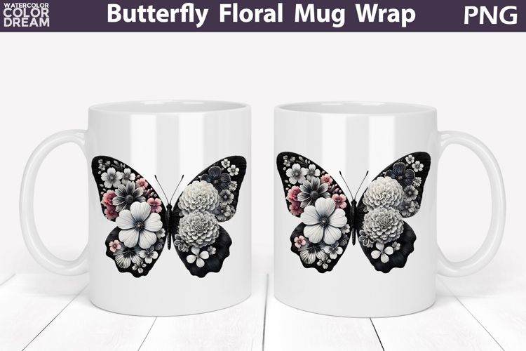 Butterfly Floral Mug Wrap | Spring Flowers Mug Sublimation
