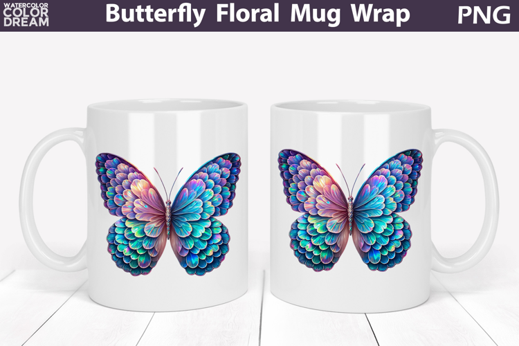 Butterfly Floral Mug Wrap | Spring Flowers Mug Sublimation