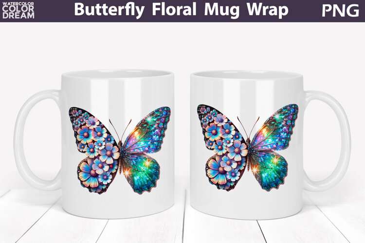 Butterfly Floral Mug Wrap | Spring Flowers Mug Sublimation example image 1