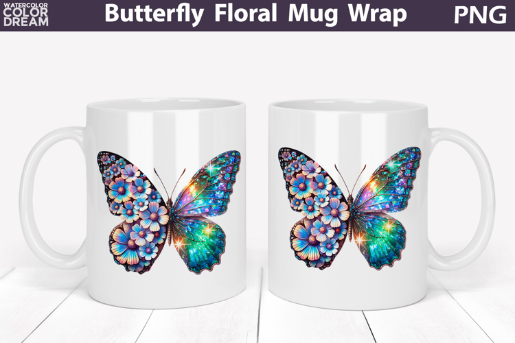 Butterfly Floral Mug Wrap | Spring Flowers Mug Sublimation