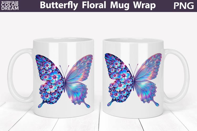 Butterfly Floral Mug Wrap | Spring Flowers Mug Sublimation
