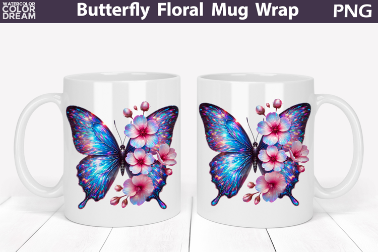Butterfly Floral Mug Wrap | Spring Flowers Mug Sublimation