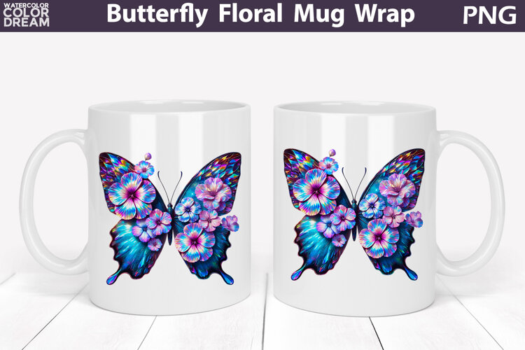 Butterfly Floral Mug Wrap | Spring Flowers Mug Sublimation example image 1