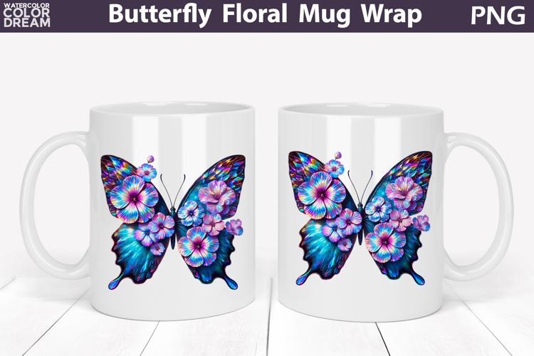 Butterfly Floral Mug Wrap | Spring Flowers Mug Sublimation